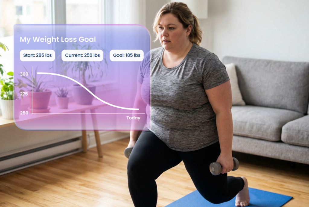 Woman working out at home with Vida weight-loss progress chart overlaid on the image.