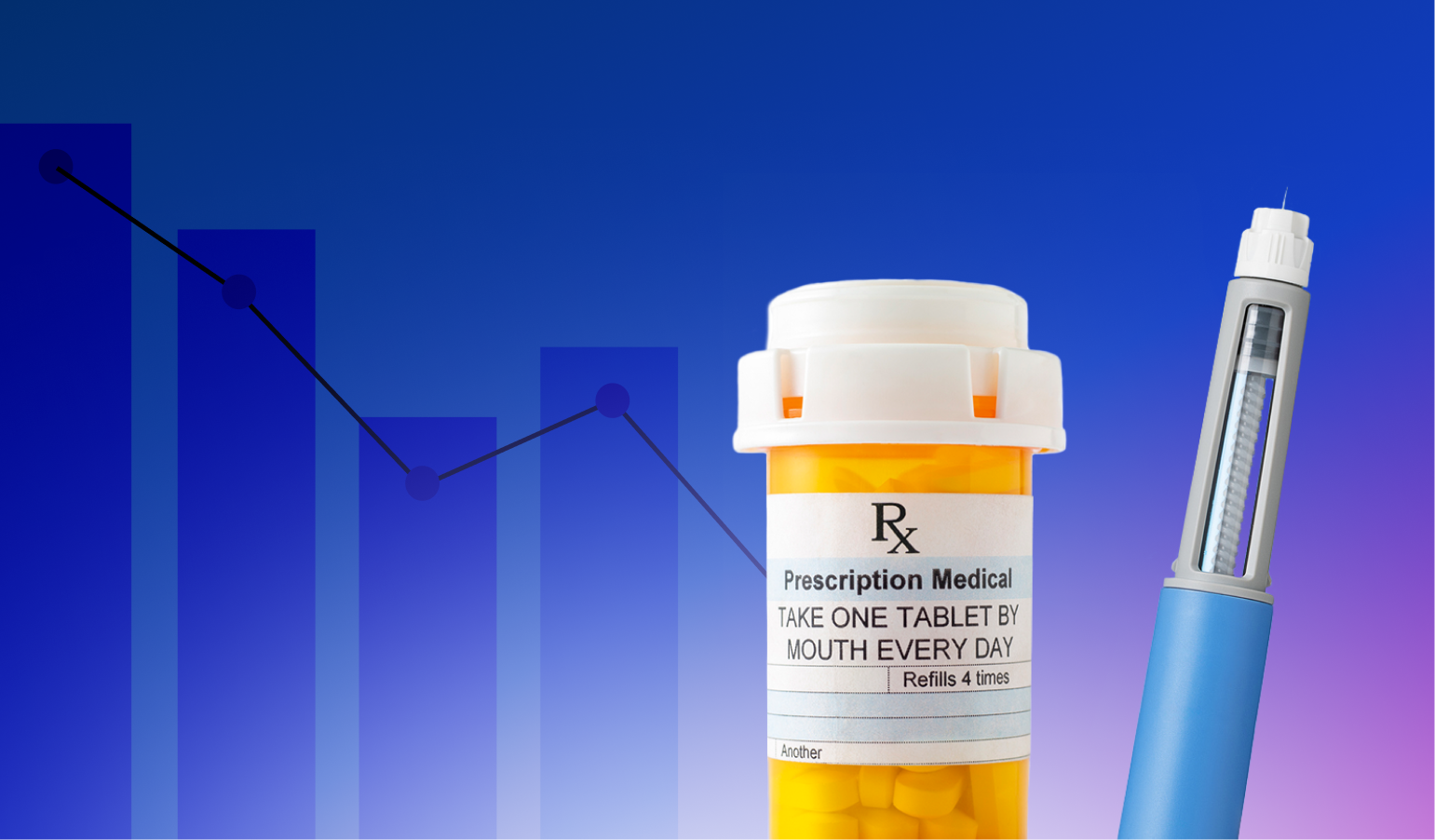 “Downward-trending graph beside a prescription pill bottle and injectable medication pen, representing medication cost changes.